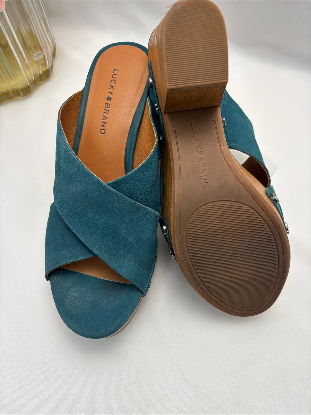 Lucky Brand Women’s 6 Teal Crisscross Leather Platform Mules #355 - Picture 9 of 12